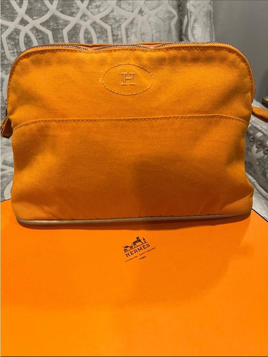 Hermès Bolide Orange Cotton & Leather Pouch - Authentic - Picture 2 of 10